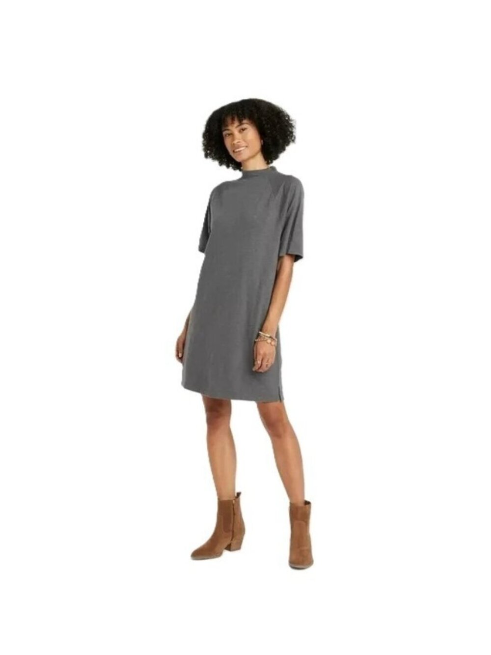 Universal Thread Heather Charcoal Gray Mock Neck T-Shirt SS Mini Dress - Size XS